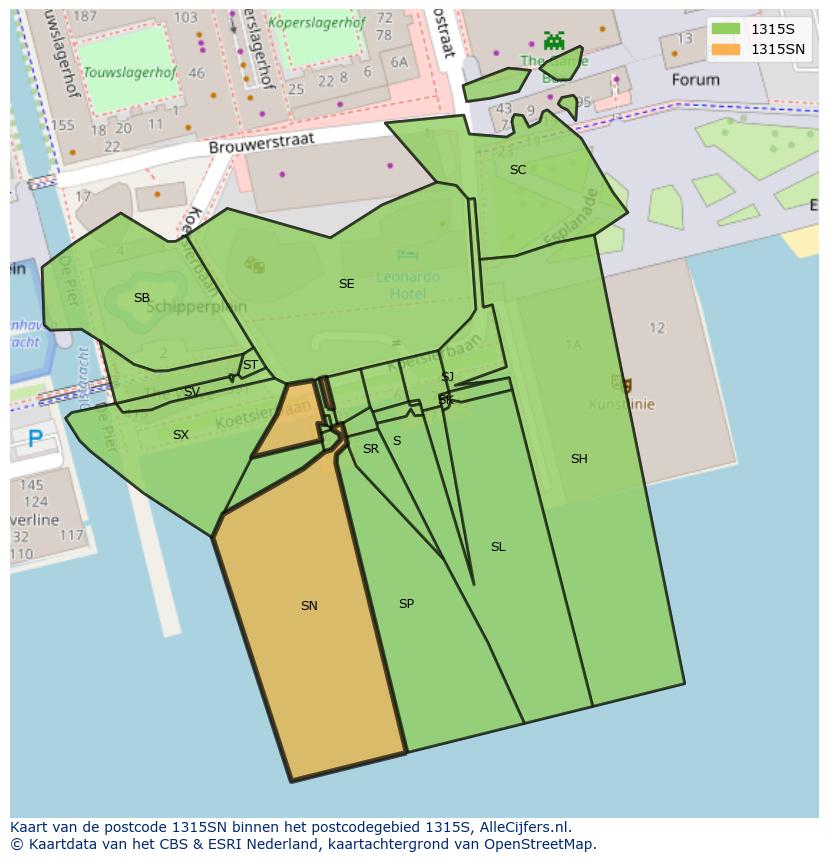 Afbeelding van het postcodegebied 1315 SN op de kaart.