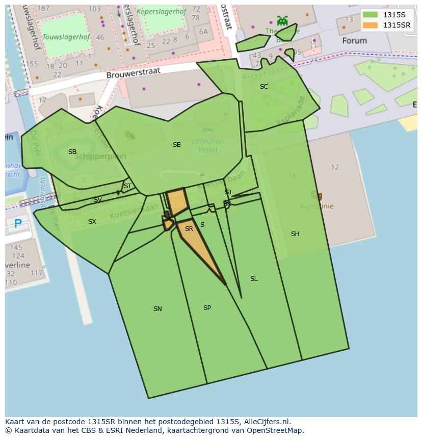 Afbeelding van het postcodegebied 1315 SR op de kaart.