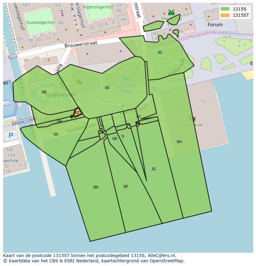 Afbeelding van het postcodegebied 1315 ST op de kaart.