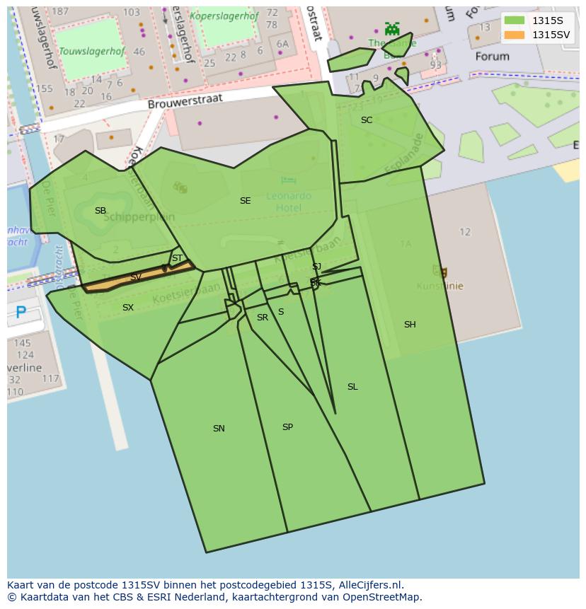 Afbeelding van het postcodegebied 1315 SV op de kaart.