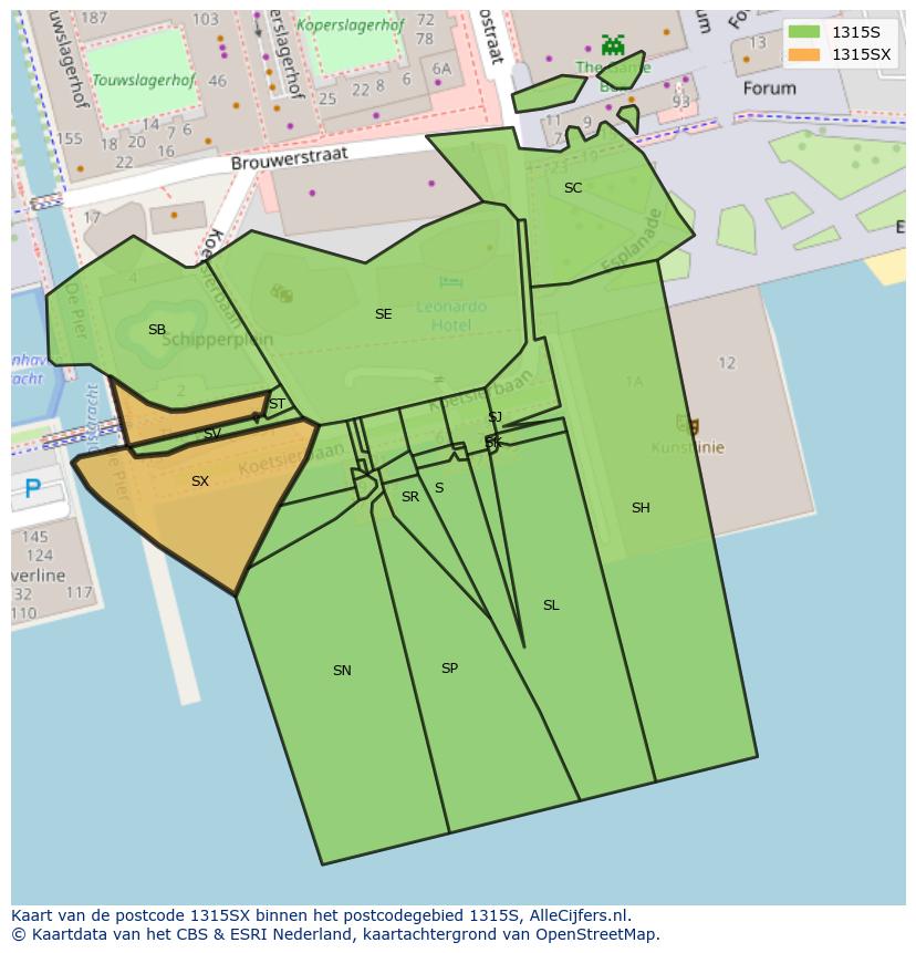 Afbeelding van het postcodegebied 1315 SX op de kaart.