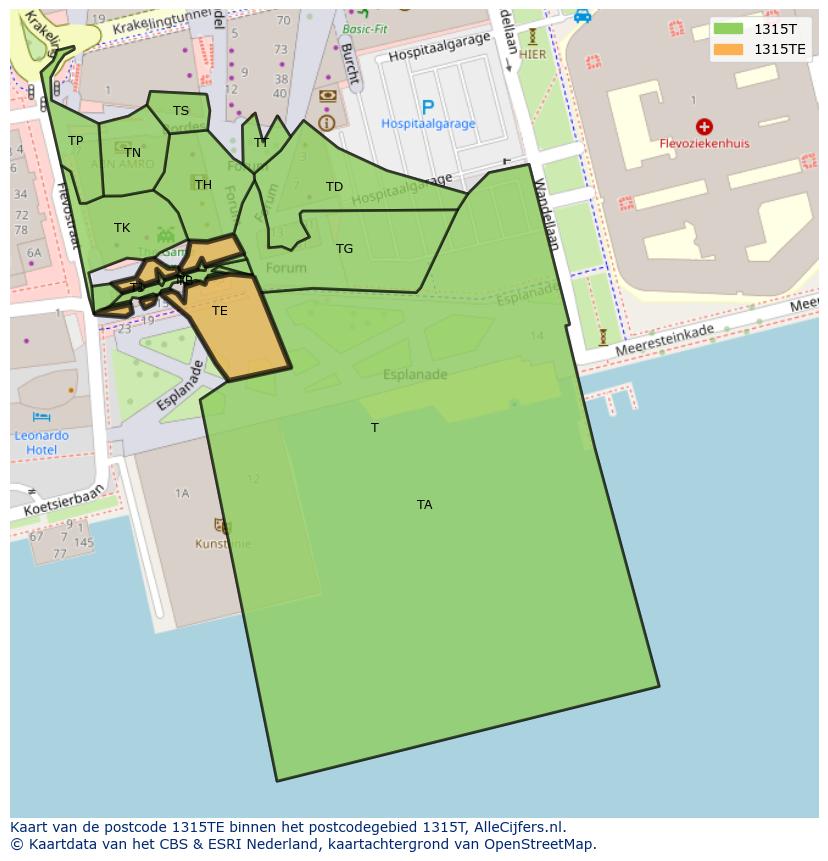 Afbeelding van het postcodegebied 1315 TE op de kaart.