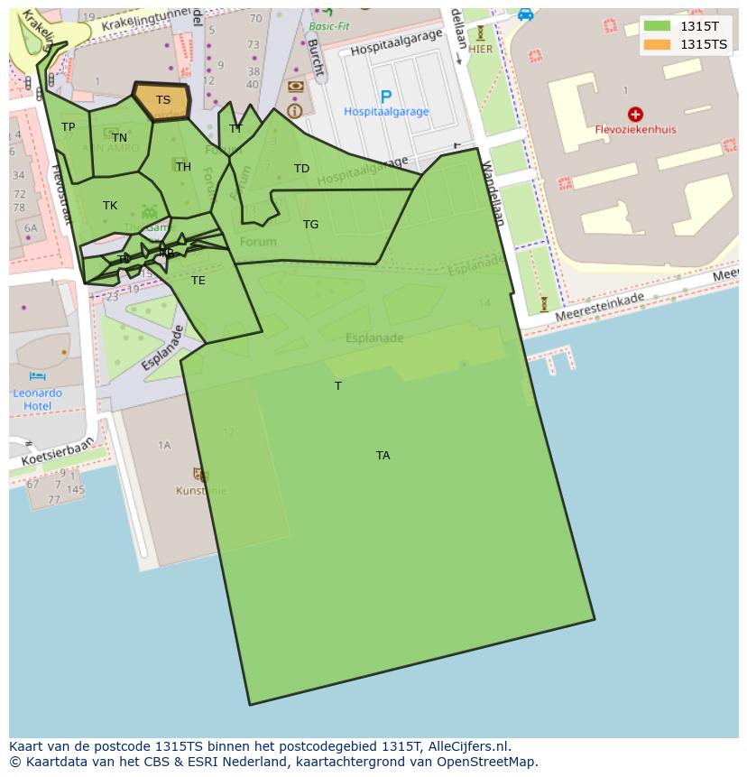 Afbeelding van het postcodegebied 1315 TS op de kaart.