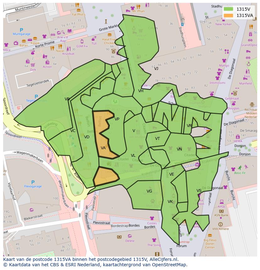 Afbeelding van het postcodegebied 1315 VA op de kaart.