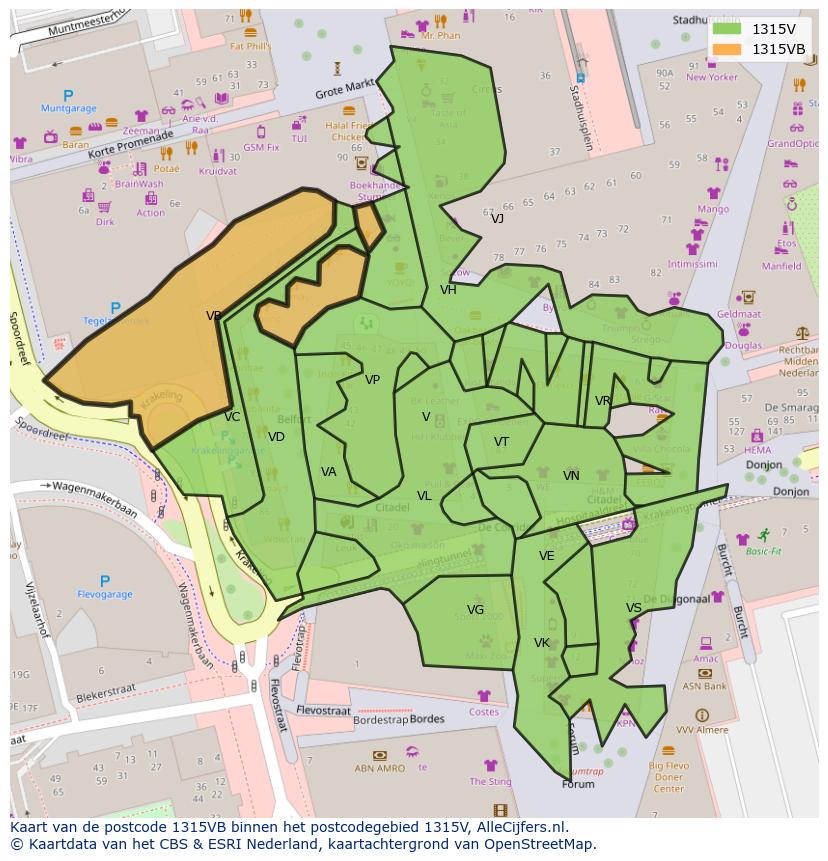 Afbeelding van het postcodegebied 1315 VB op de kaart.