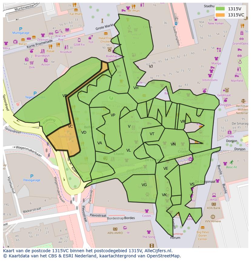 Afbeelding van het postcodegebied 1315 VC op de kaart.