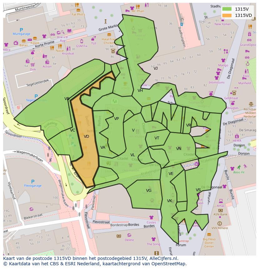 Afbeelding van het postcodegebied 1315 VD op de kaart.