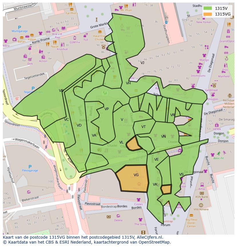 Afbeelding van het postcodegebied 1315 VG op de kaart.