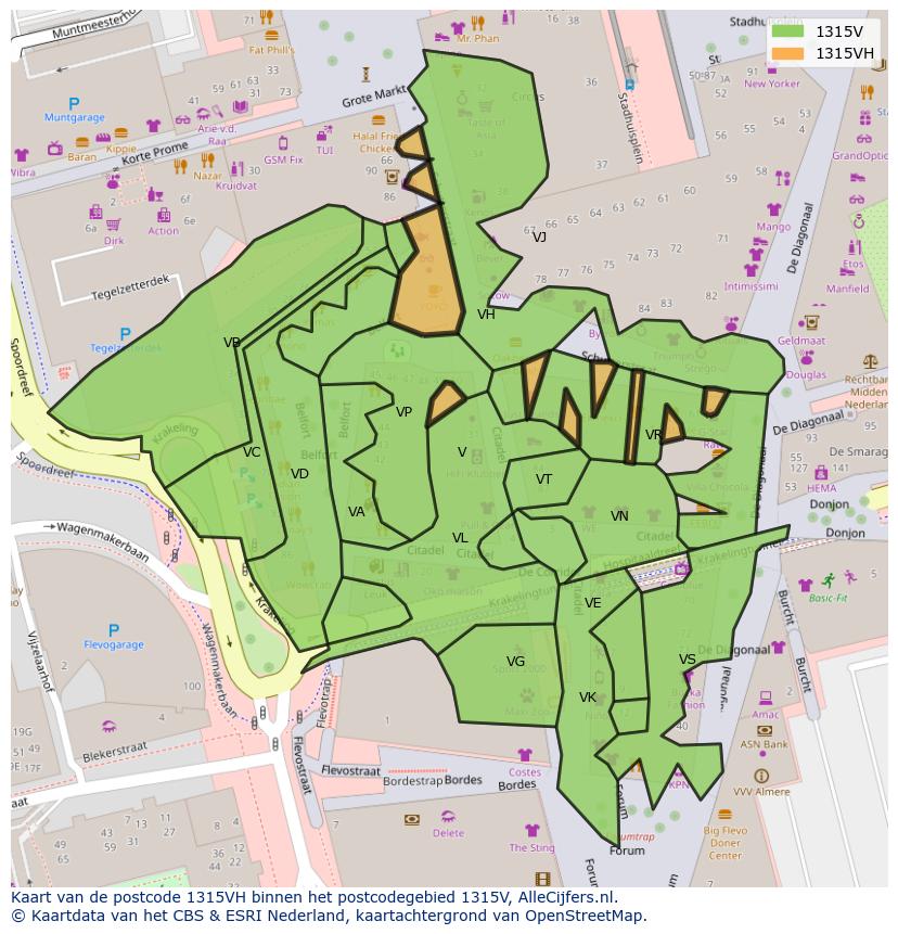 Afbeelding van het postcodegebied 1315 VH op de kaart.