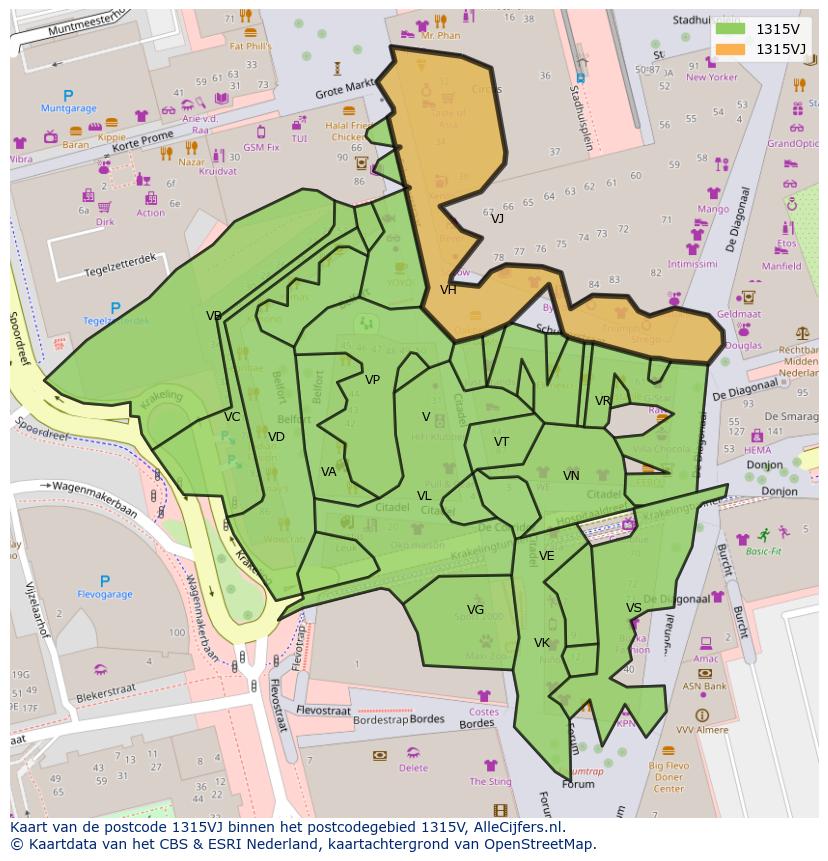 Afbeelding van het postcodegebied 1315 VJ op de kaart.