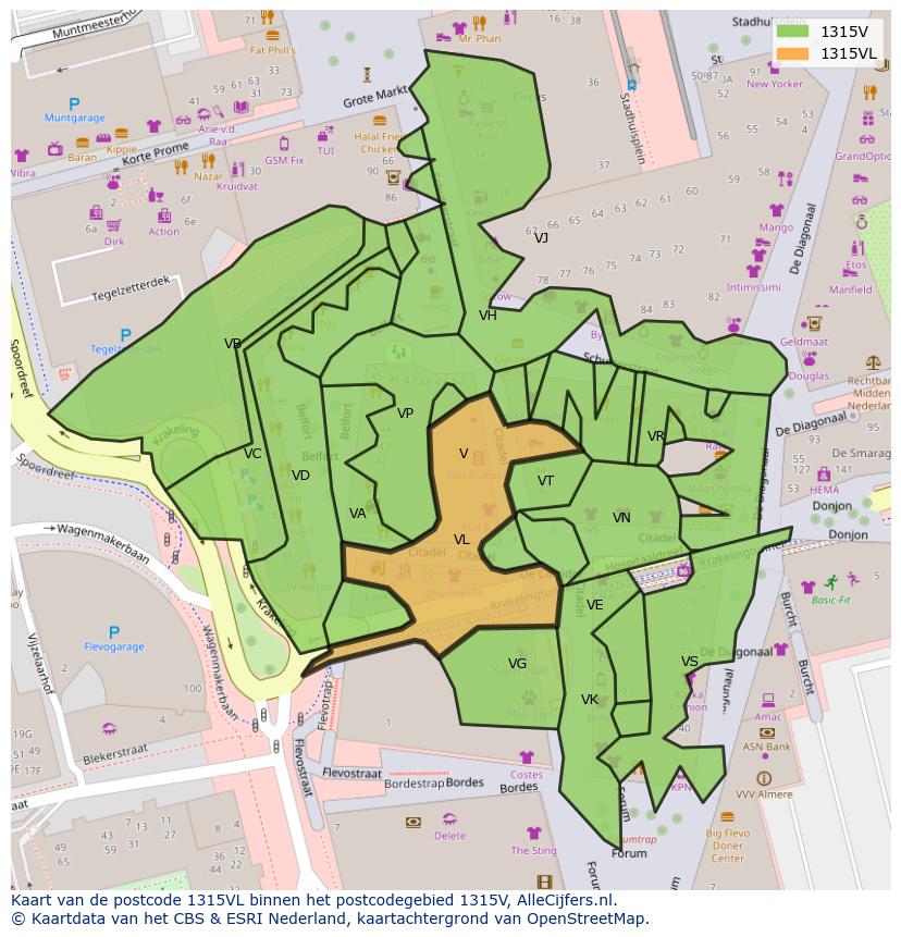 Afbeelding van het postcodegebied 1315 VL op de kaart.