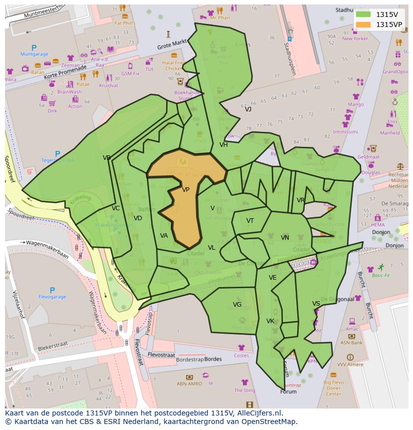 Afbeelding van het postcodegebied 1315 VP op de kaart.