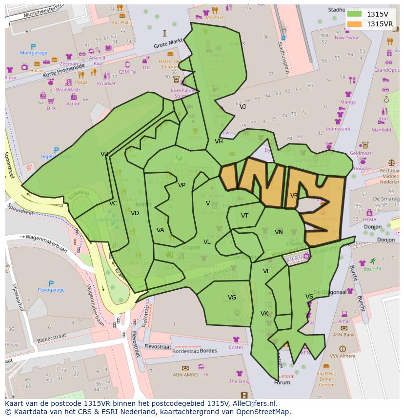 Afbeelding van het postcodegebied 1315 VR op de kaart.
