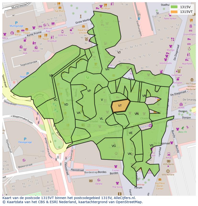 Afbeelding van het postcodegebied 1315 VT op de kaart.