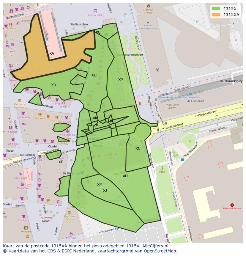 Afbeelding van het postcodegebied 1315 XA op de kaart.