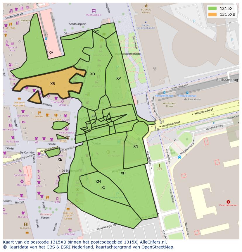 Afbeelding van het postcodegebied 1315 XB op de kaart.