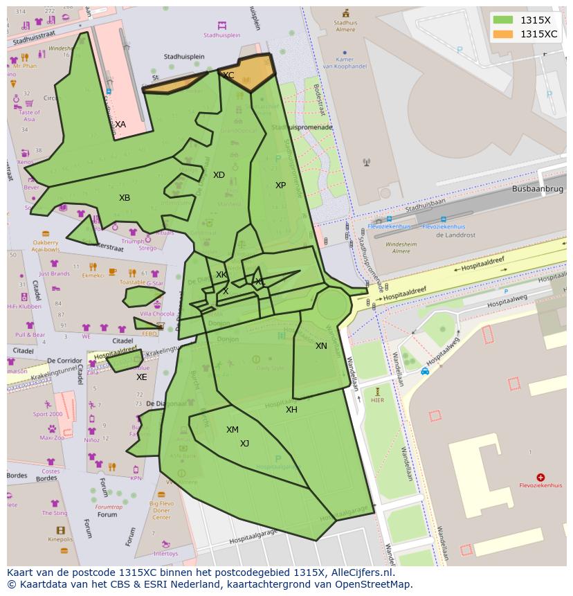 Afbeelding van het postcodegebied 1315 XC op de kaart.
