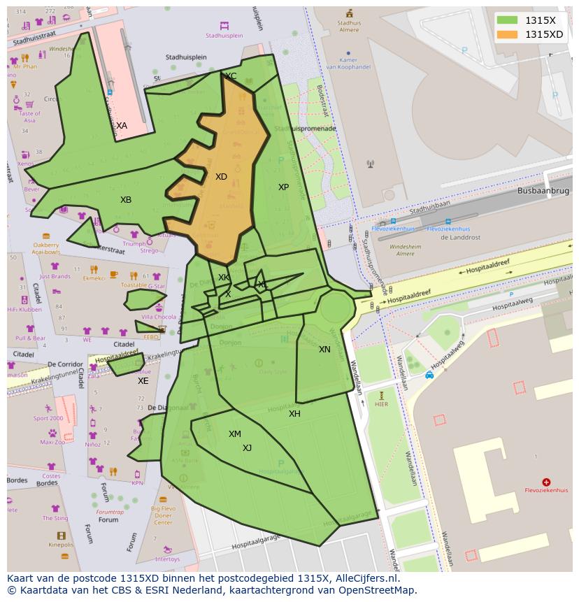 Afbeelding van het postcodegebied 1315 XD op de kaart.