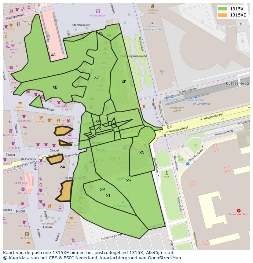 Afbeelding van het postcodegebied 1315 XE op de kaart.