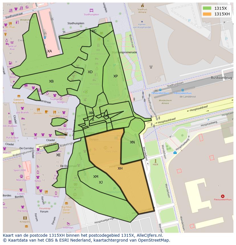 Afbeelding van het postcodegebied 1315 XH op de kaart.