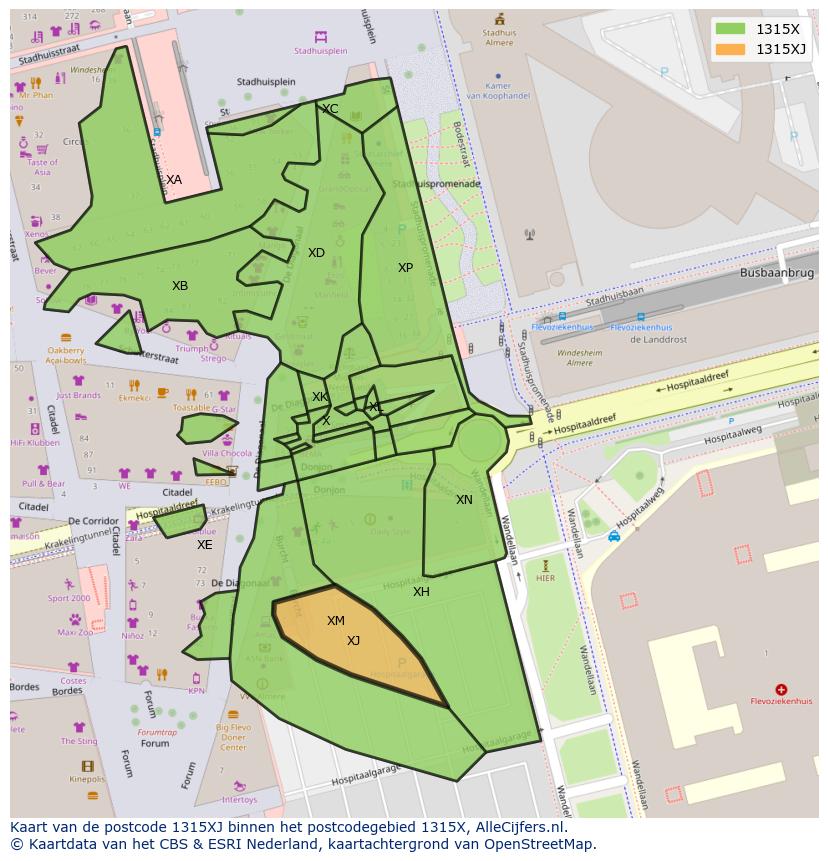 Afbeelding van het postcodegebied 1315 XJ op de kaart.