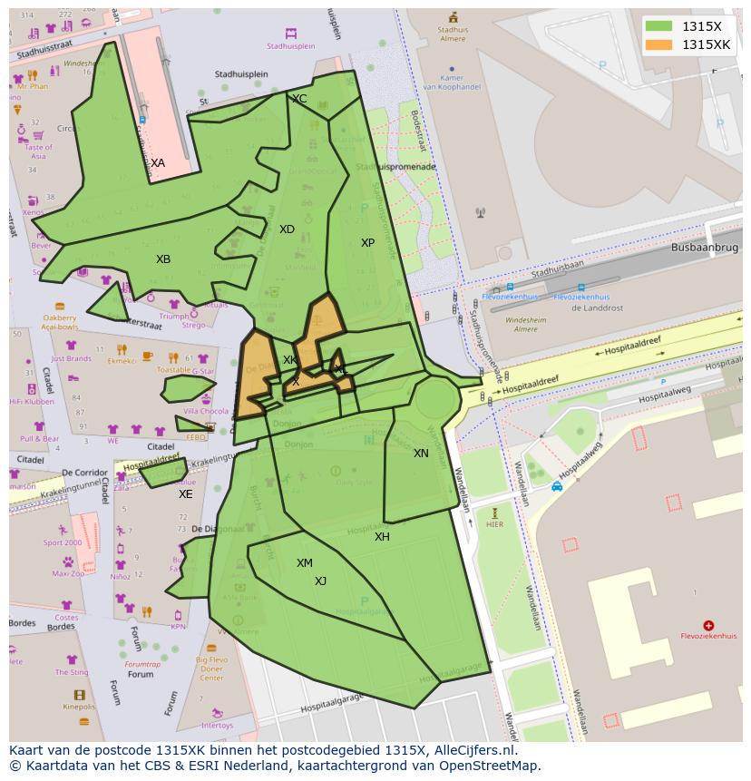 Afbeelding van het postcodegebied 1315 XK op de kaart.