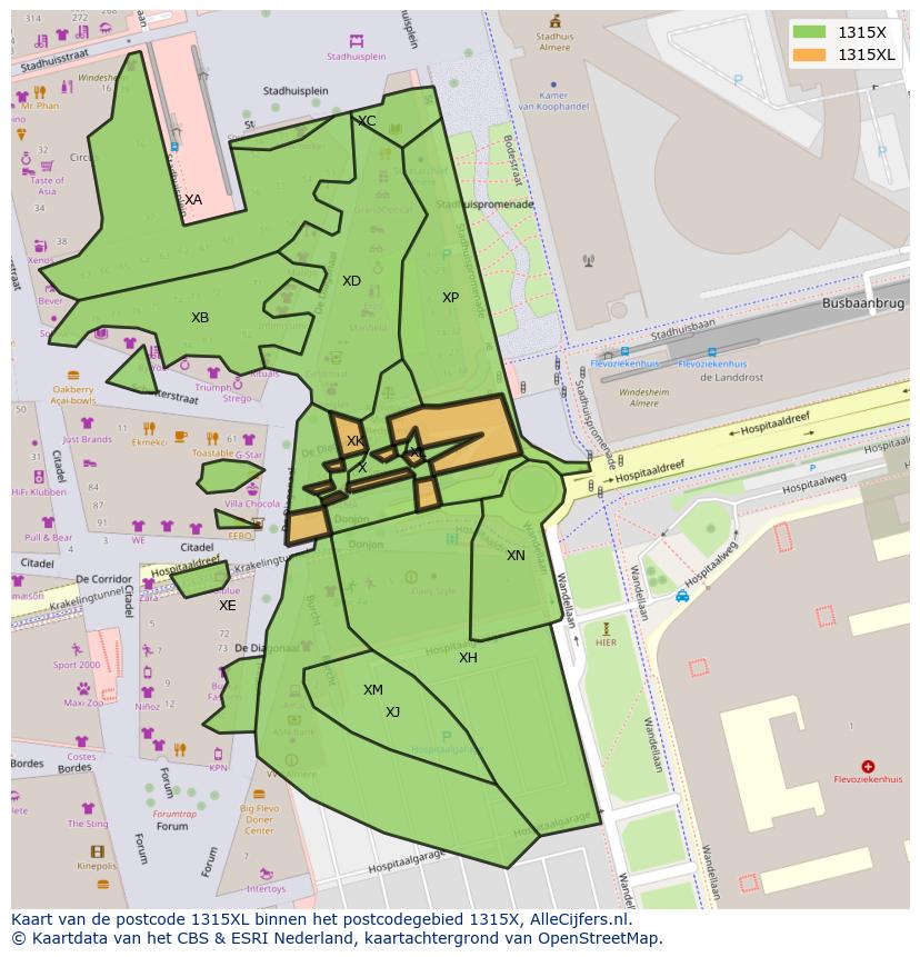 Afbeelding van het postcodegebied 1315 XL op de kaart.