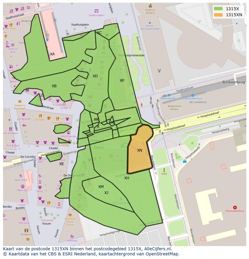Afbeelding van het postcodegebied 1315 XN op de kaart.