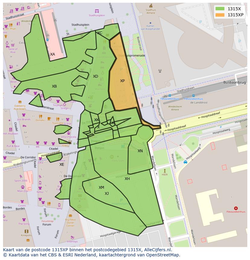 Afbeelding van het postcodegebied 1315 XP op de kaart.