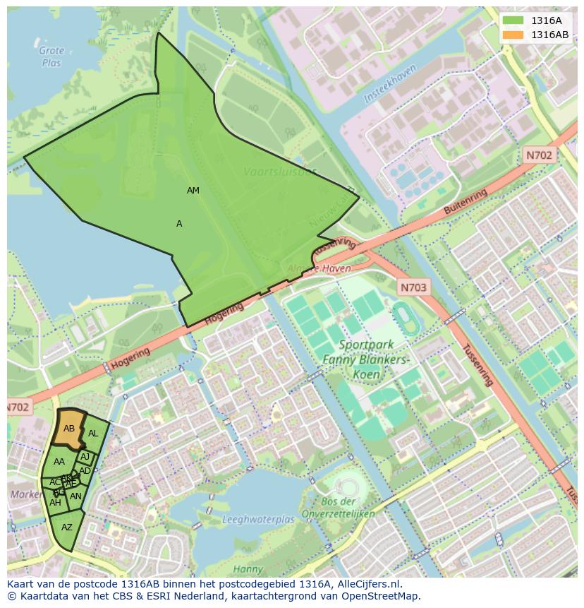 Afbeelding van het postcodegebied 1316 AB op de kaart.