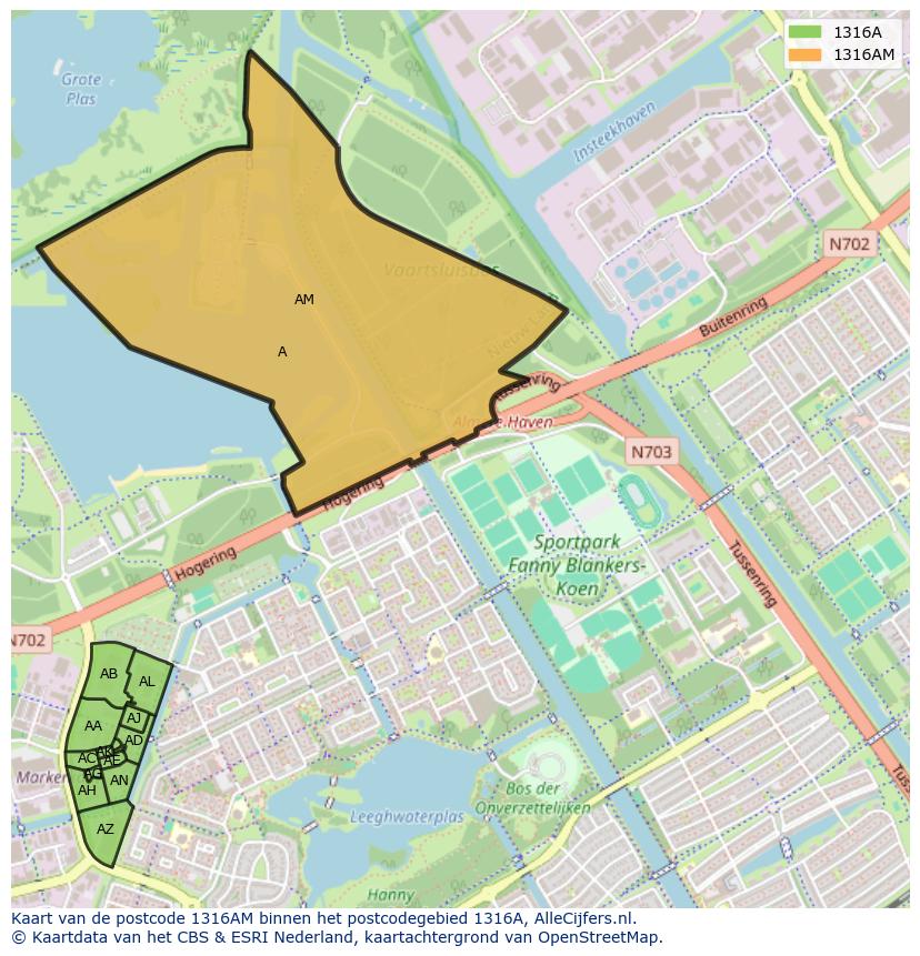 Afbeelding van het postcodegebied 1316 AM op de kaart.