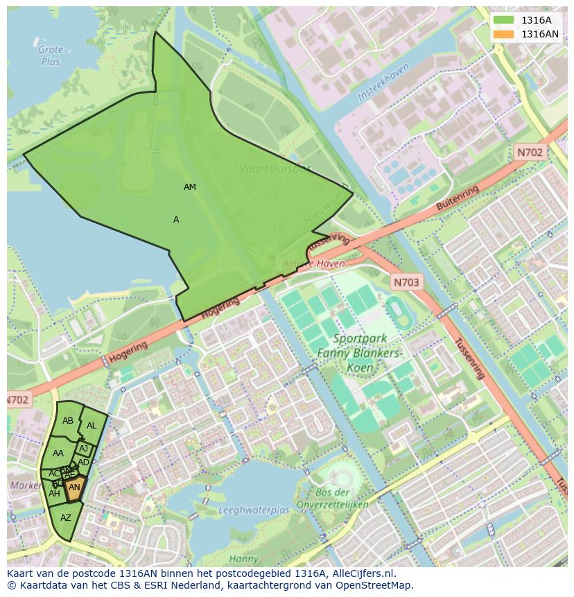 Afbeelding van het postcodegebied 1316 AN op de kaart.