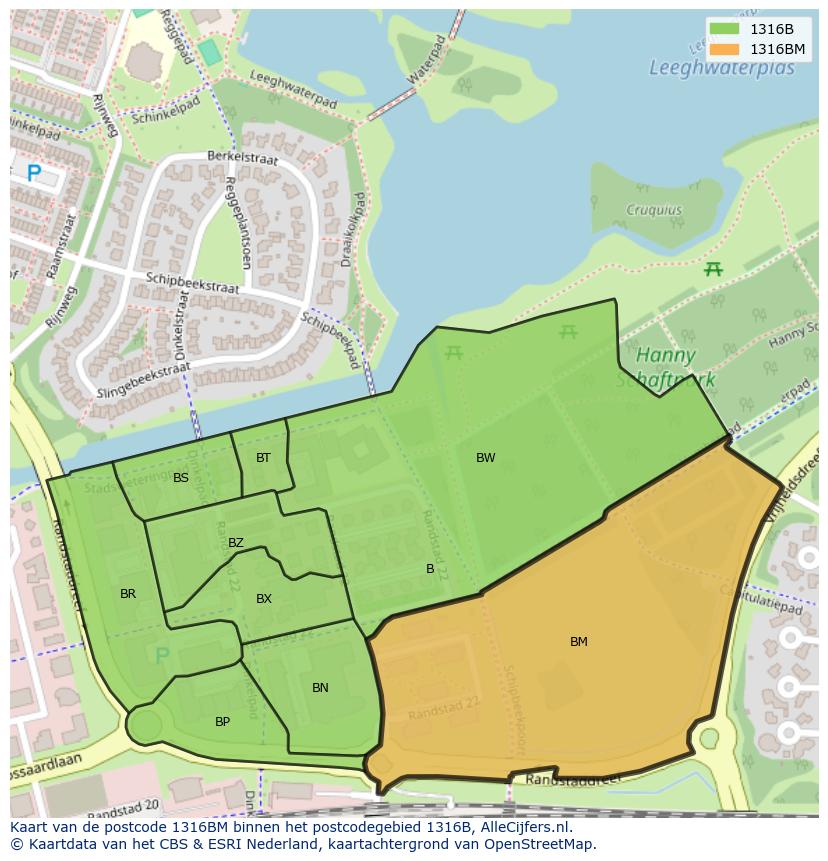 Afbeelding van het postcodegebied 1316 BM op de kaart.