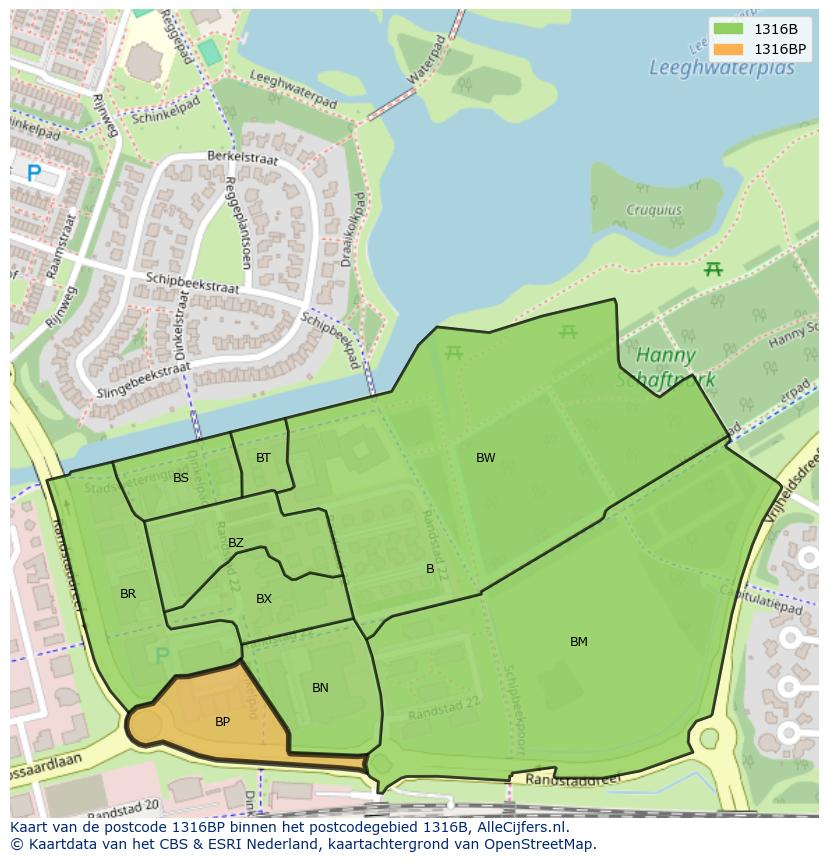 Afbeelding van het postcodegebied 1316 BP op de kaart.