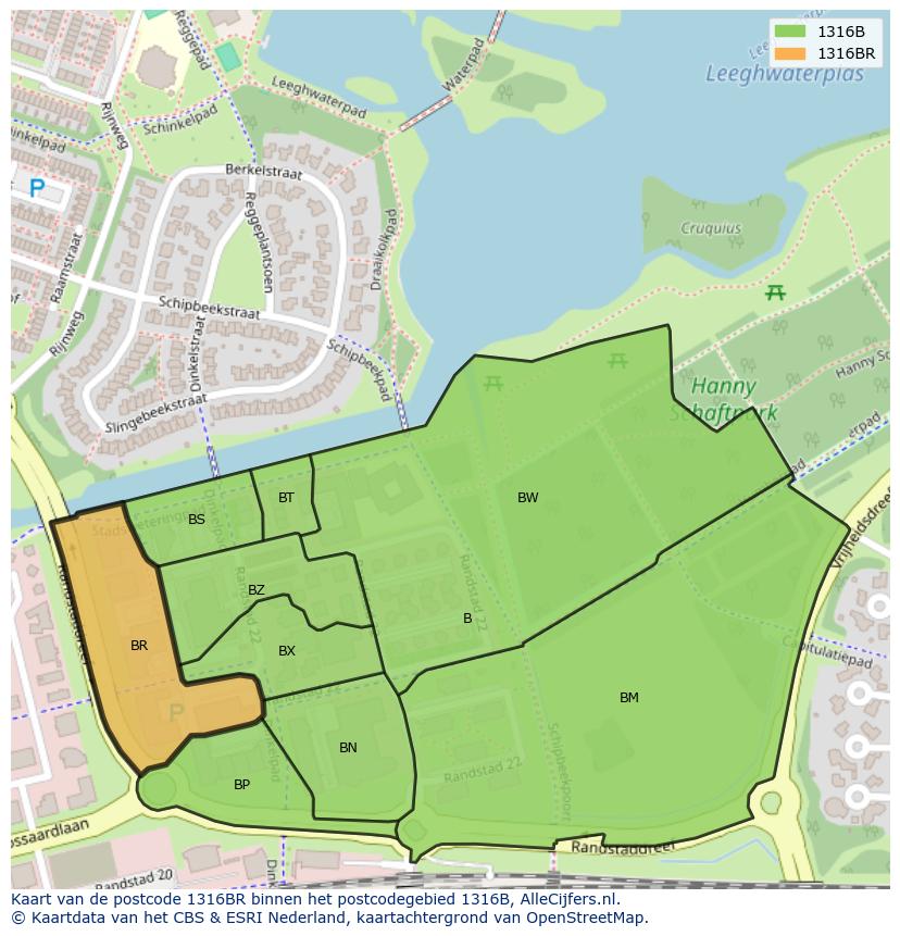 Afbeelding van het postcodegebied 1316 BR op de kaart.