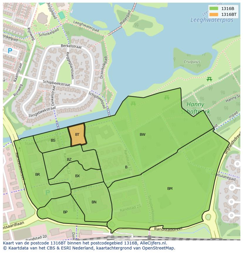 Afbeelding van het postcodegebied 1316 BT op de kaart.