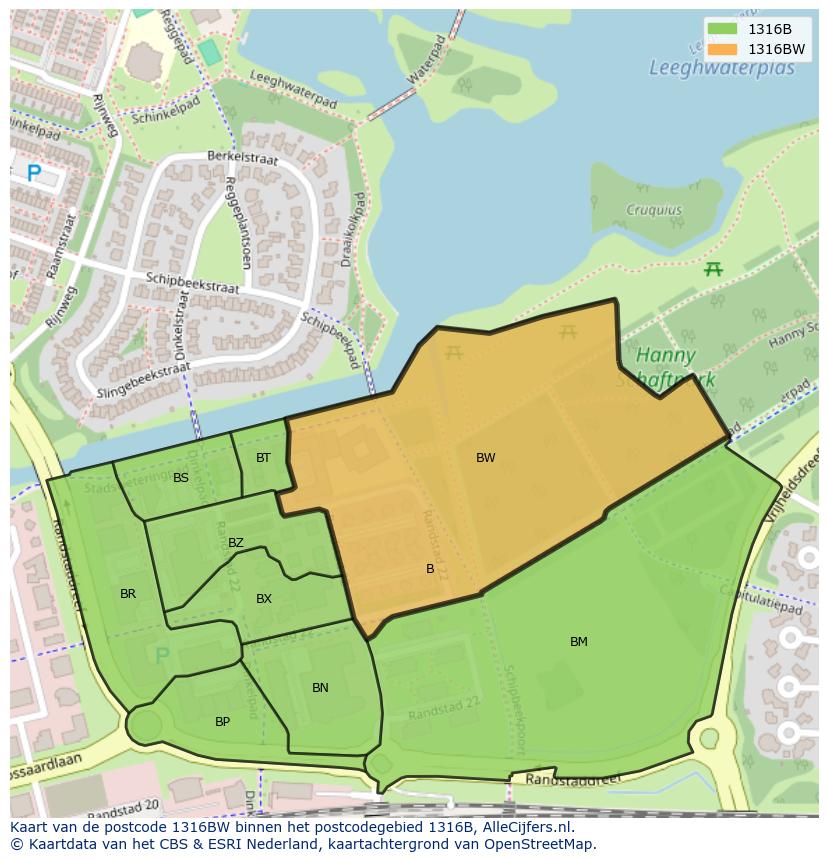 Afbeelding van het postcodegebied 1316 BW op de kaart.
