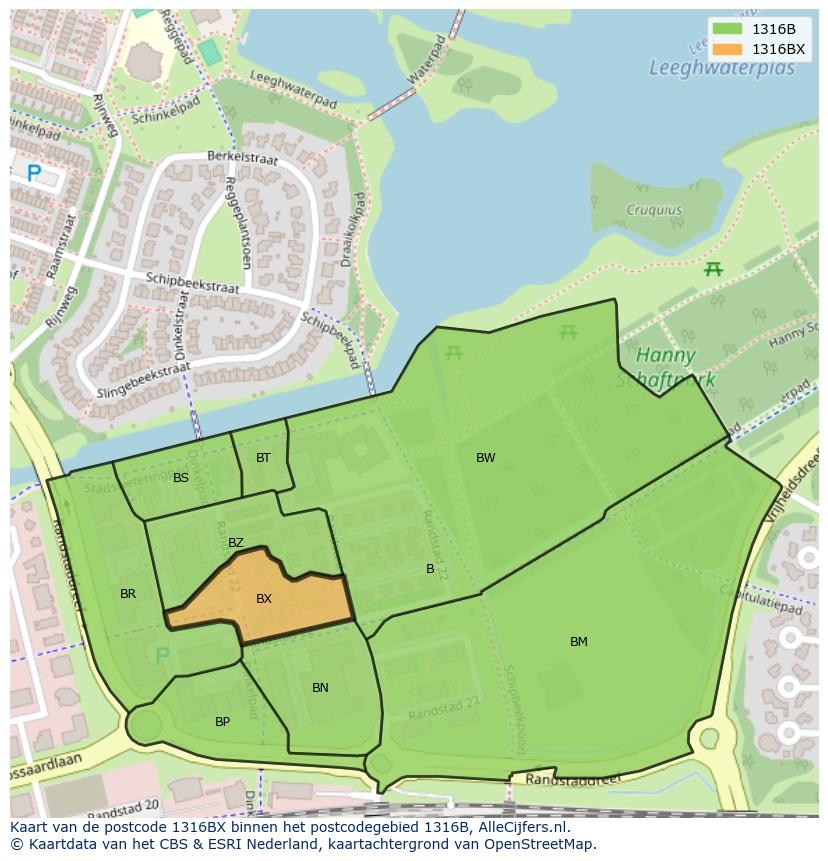 Afbeelding van het postcodegebied 1316 BX op de kaart.