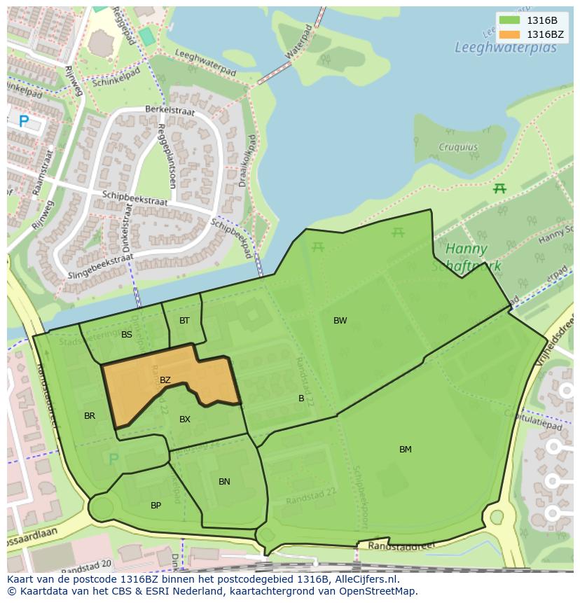 Afbeelding van het postcodegebied 1316 BZ op de kaart.