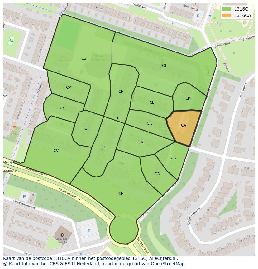 Afbeelding van het postcodegebied 1316 CA op de kaart.