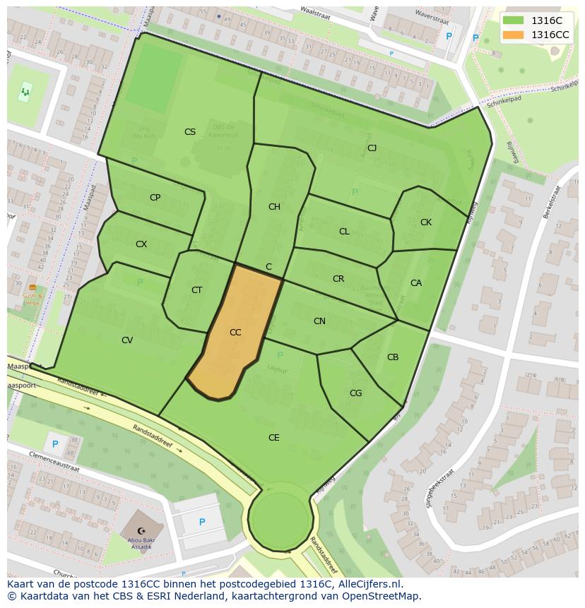 Afbeelding van het postcodegebied 1316 CC op de kaart.