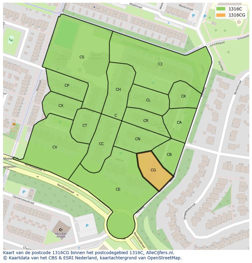 Afbeelding van het postcodegebied 1316 CG op de kaart.