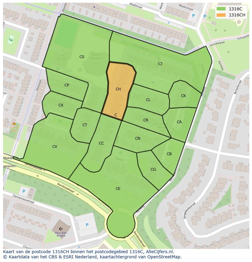 Afbeelding van het postcodegebied 1316 CH op de kaart.