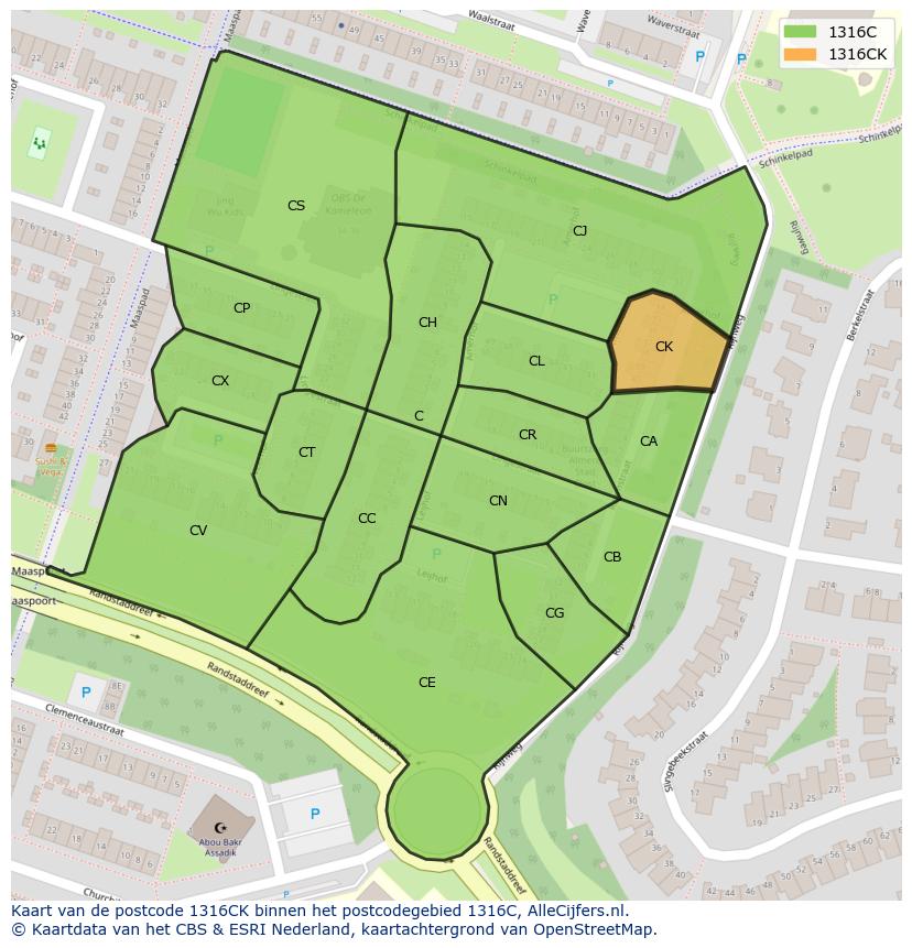 Afbeelding van het postcodegebied 1316 CK op de kaart.