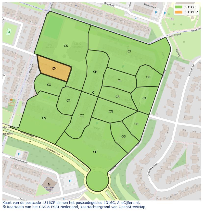 Afbeelding van het postcodegebied 1316 CP op de kaart.