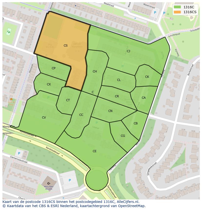 Afbeelding van het postcodegebied 1316 CS op de kaart.