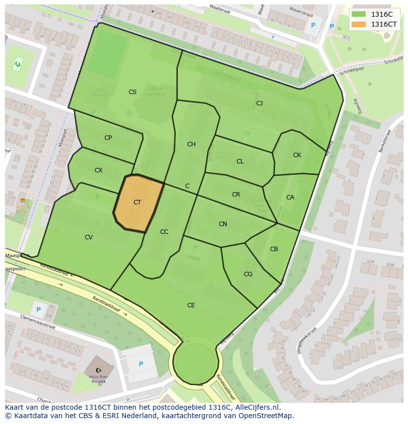 Afbeelding van het postcodegebied 1316 CT op de kaart.