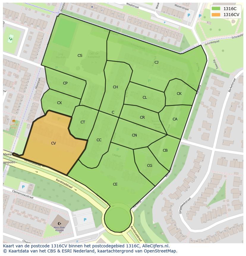 Afbeelding van het postcodegebied 1316 CV op de kaart.