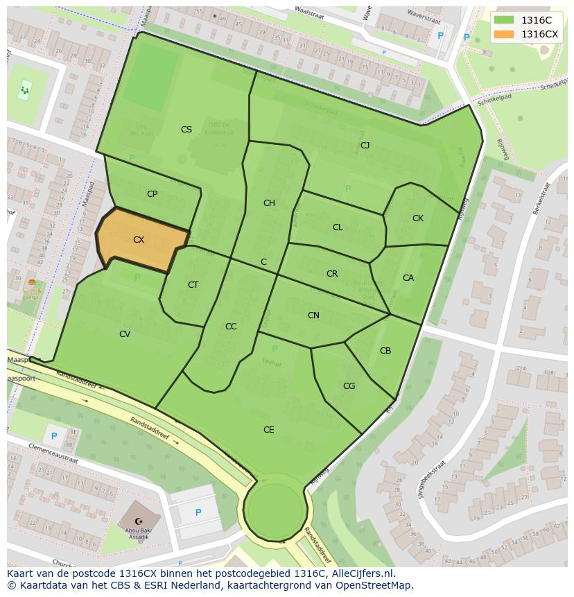 Afbeelding van het postcodegebied 1316 CX op de kaart.
