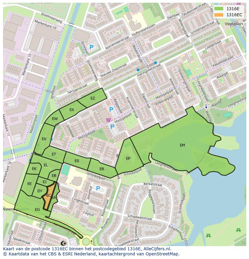 Afbeelding van het postcodegebied 1316 EC op de kaart.